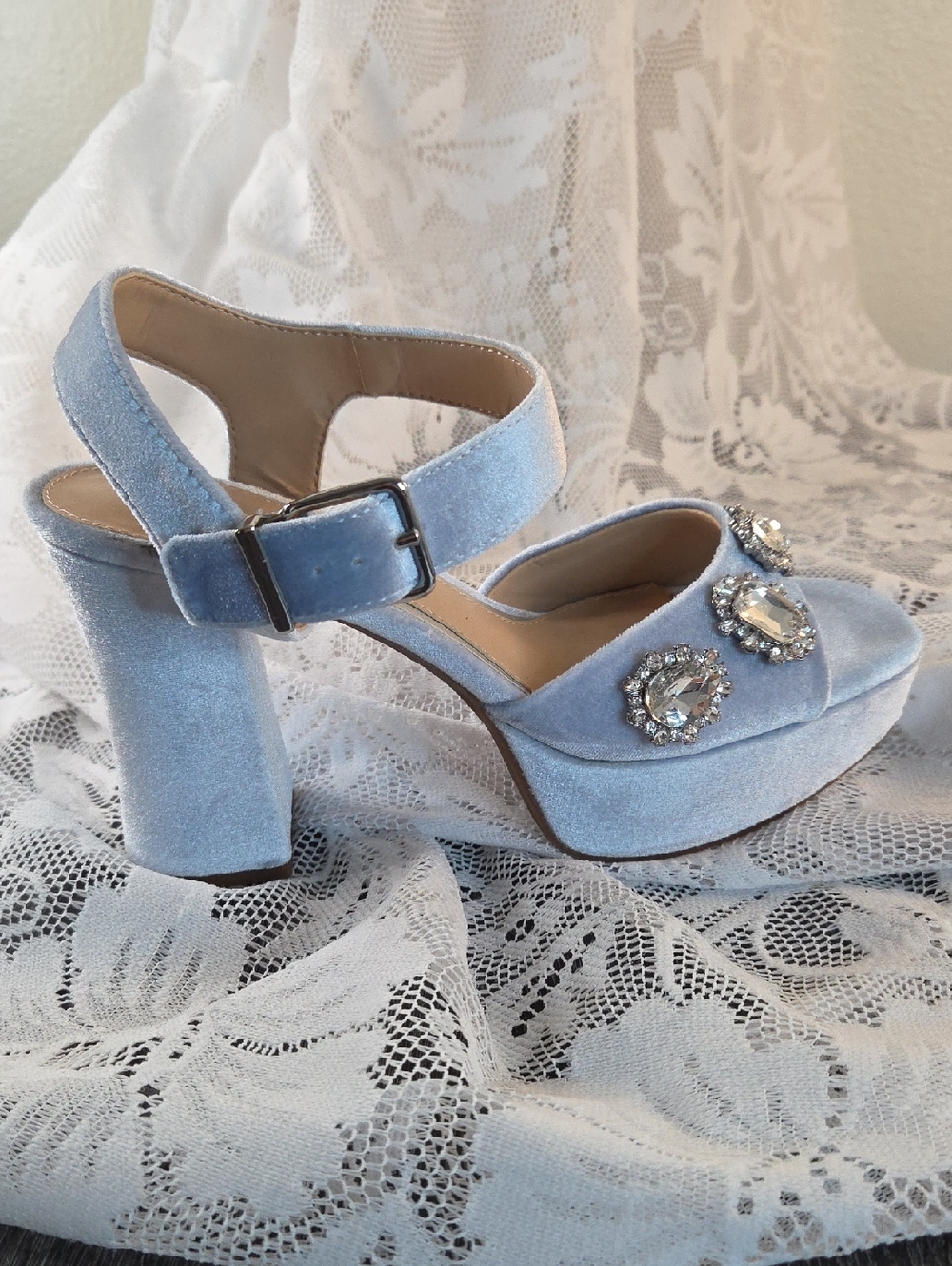 Copper Key Sz 8 Light Blue Velvet Platform Sandals with Jewel Embellishments